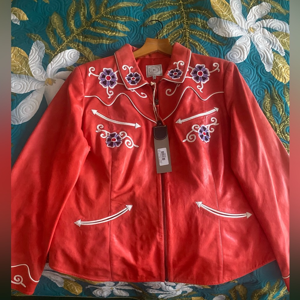 Double D Ranch leather red jacket called Ace in the hole in a heartbeat size 2x
